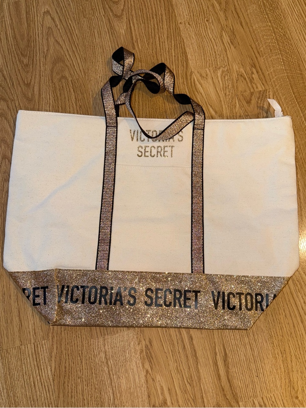 Victoria's Secret Cream Canvas Tote with Rose Gold Glitter Trim